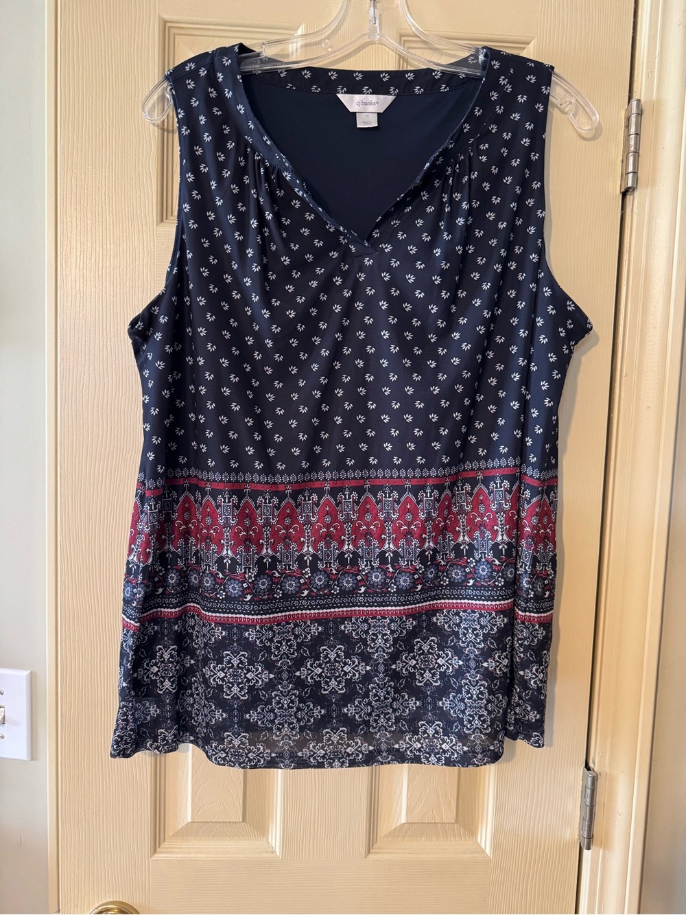 CJ Banks Navy Sleeveless V-Neck Tank with Red and White Border Print
